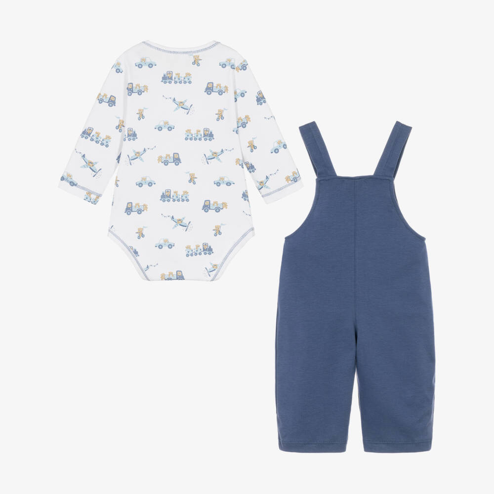 Kissy Kissy-Baby Boys Blue Bears On The Go Cotton Dungarees Set | Childrensalon