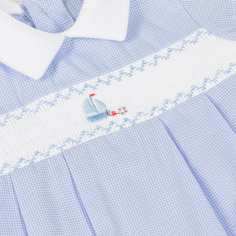 Kissy Kissy-Baby Boys Blue Checked Pima Cotton Shortie with Embroidered Boat | Childrensalon