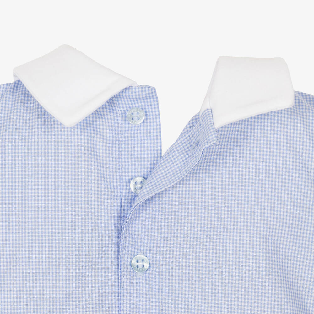 Kissy Kissy-Baby Boys Blue Checked Pima Cotton Shortie with Embroidered Boat | Childrensalon