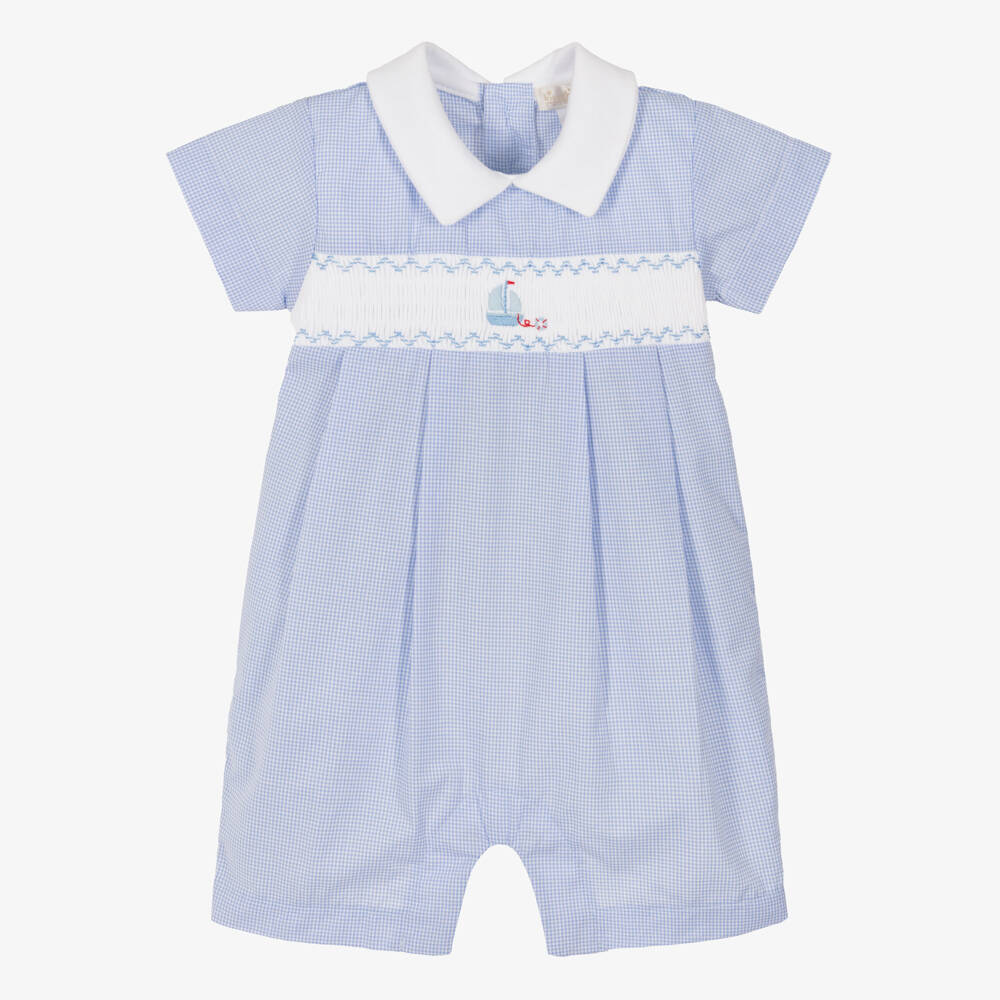 Kissy Kissy-Baby Boys Blue Checked Pima Cotton Shortie with Embroidered Boat | Childrensalon