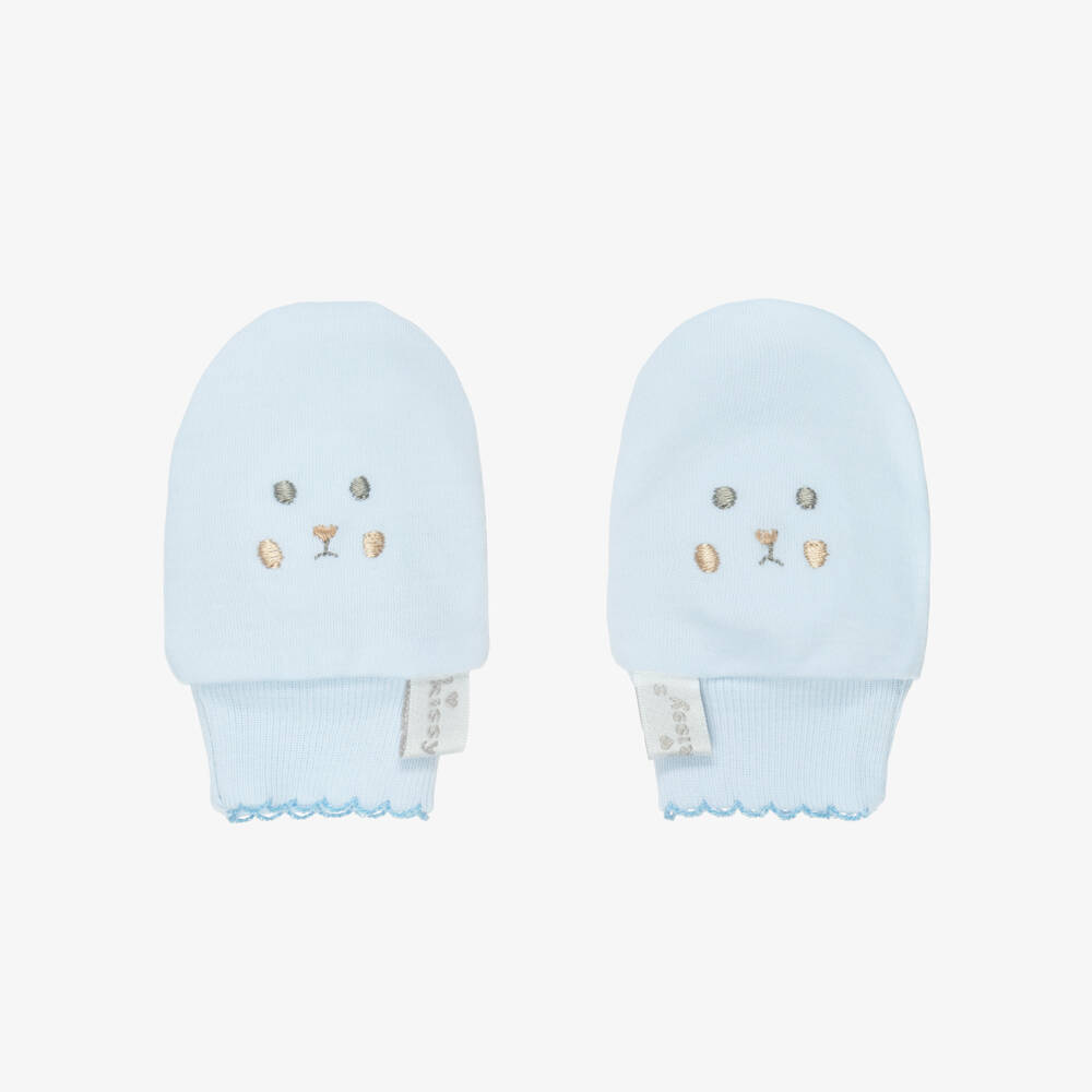 Kissy Kissy-Baby Boys Blue Pima Cotton Teddy Bear Club Scratch Mitts | Childrensalon