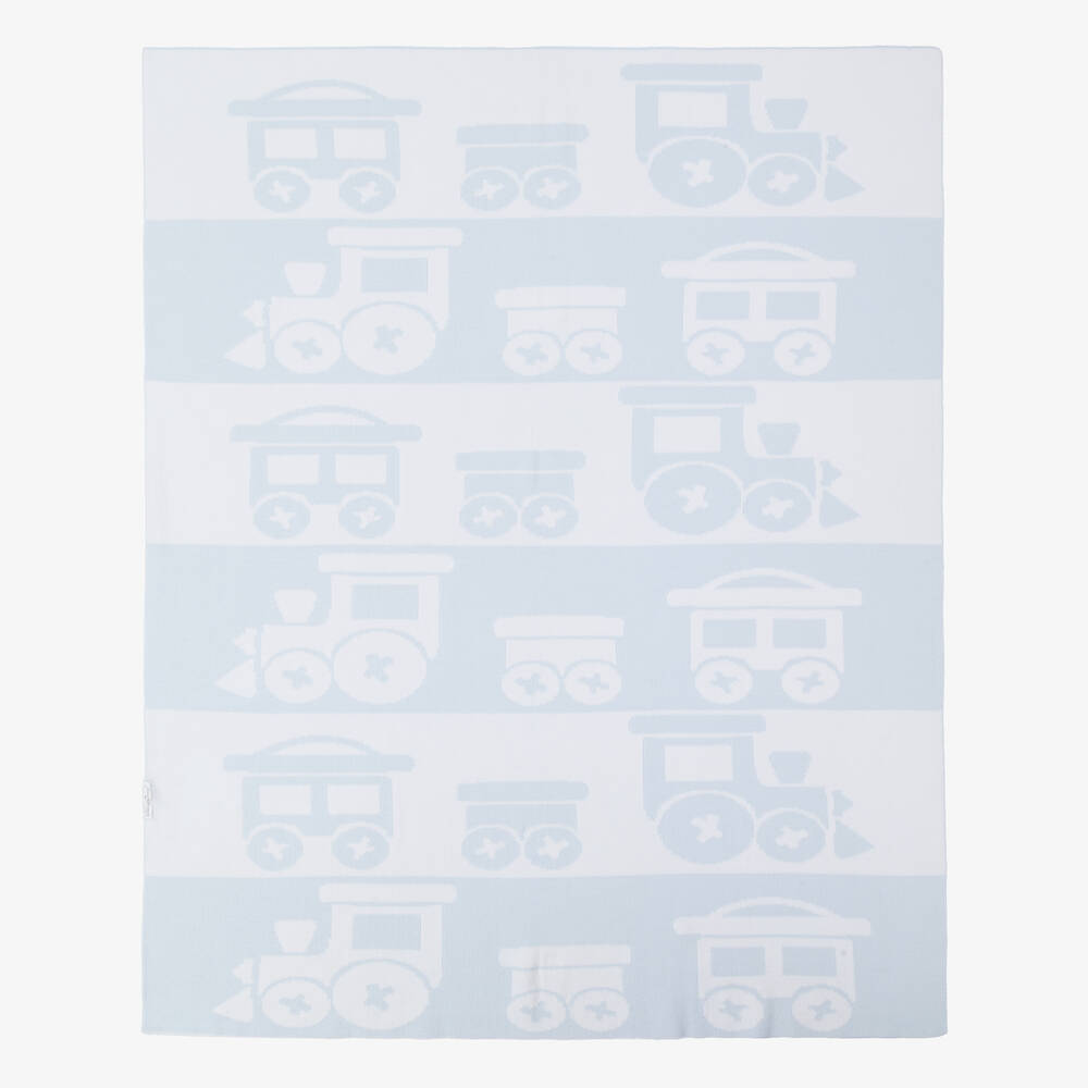 Kissy Kissy-Baby Boys Blue Train Knit Blanket (95cm) | Childrensalon