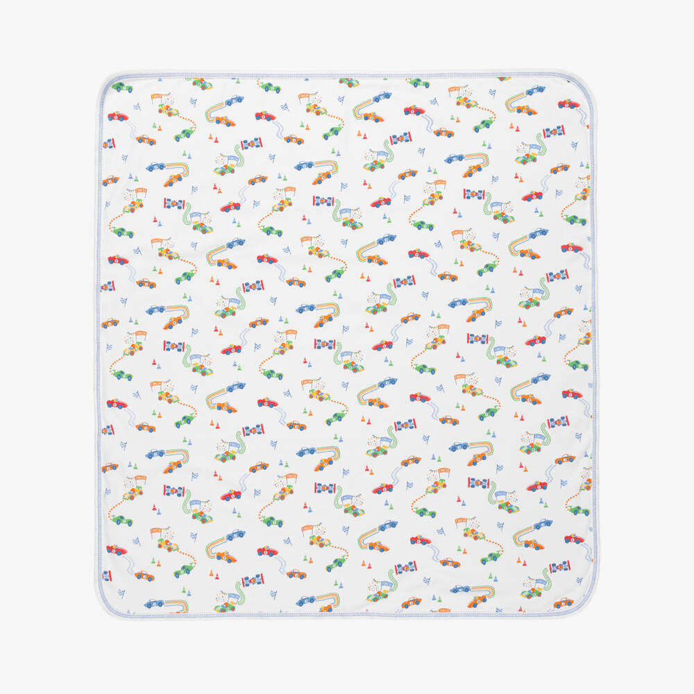 Kissy Kissy-Baby Boys Blue & White Pima Cotton Grand Prix Blanket (73cm) | Childrensalon