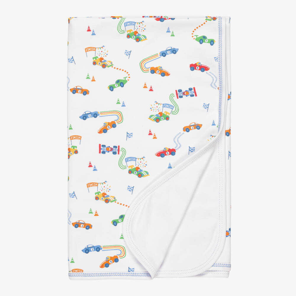 Kissy Kissy-Baby Boys Blue & White Pima Cotton Grand Prix Blanket (73cm) | Childrensalon
