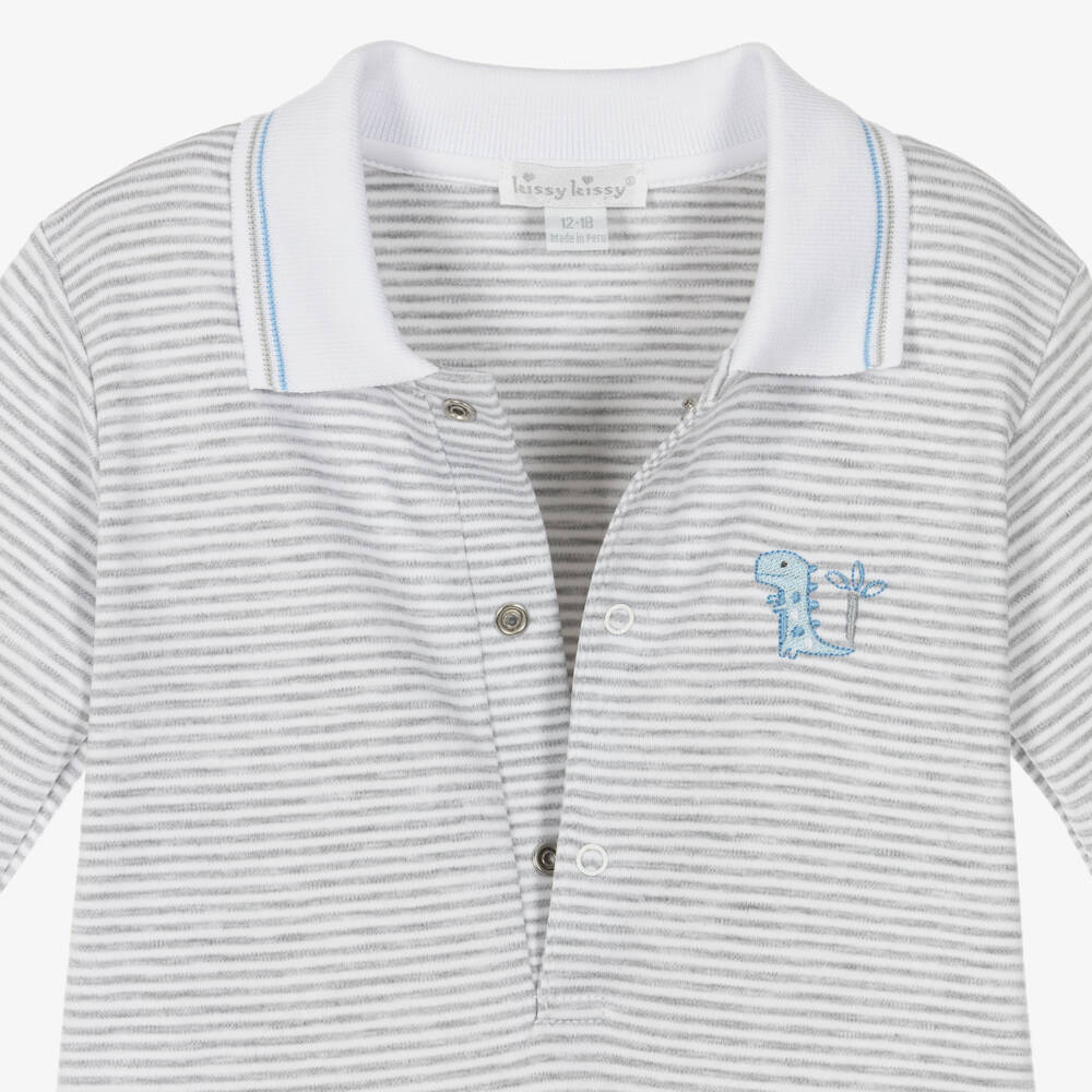 Kissy Kissy-Baby Boys Grey Striped Pima Cotton Dinosaur Territory Romper | Childrensalon