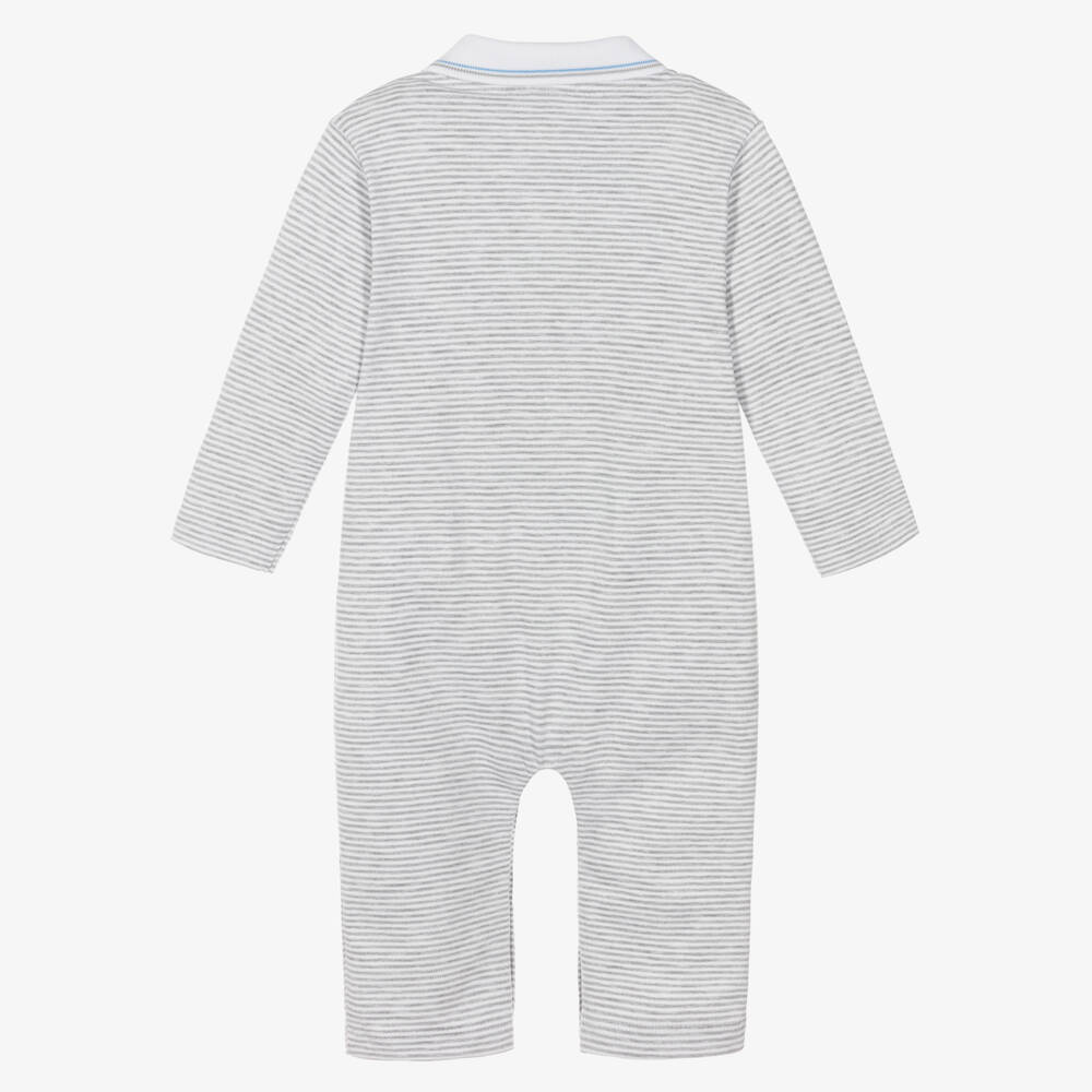 Kissy Kissy-Baby Boys Grey Striped Pima Cotton Dinosaur Territory Romper | Childrensalon