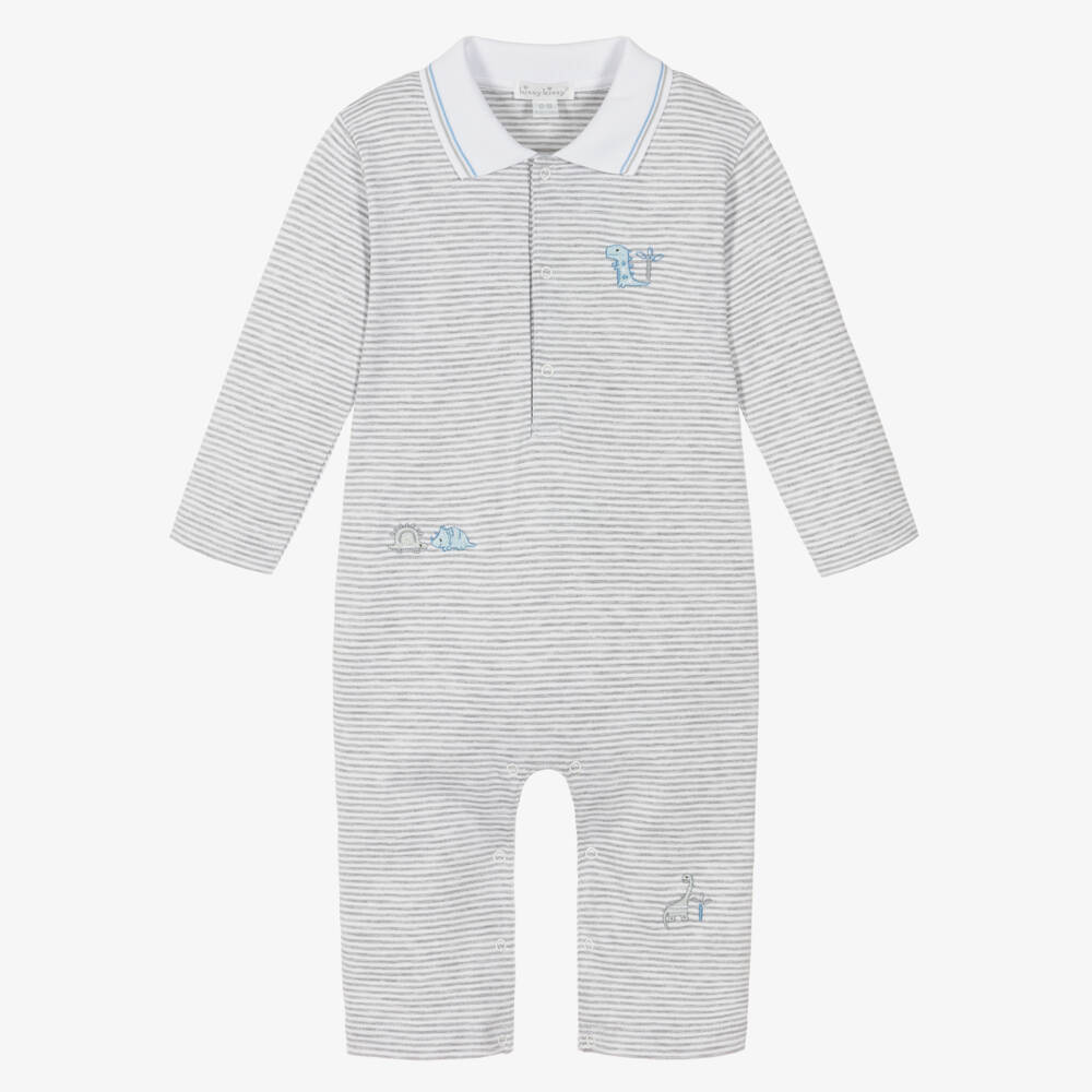 Kissy Kissy-Baby Boys Grey Striped Pima Cotton Dinosaur Territory Romper | Childrensalon