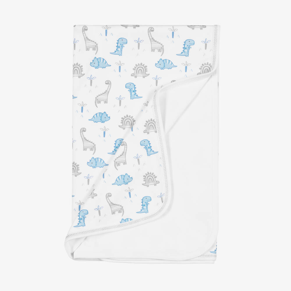 Kissy Kissy-Baby Boys White & Blue Dinosaur Territory Blanket (73cm) | Childrensalon