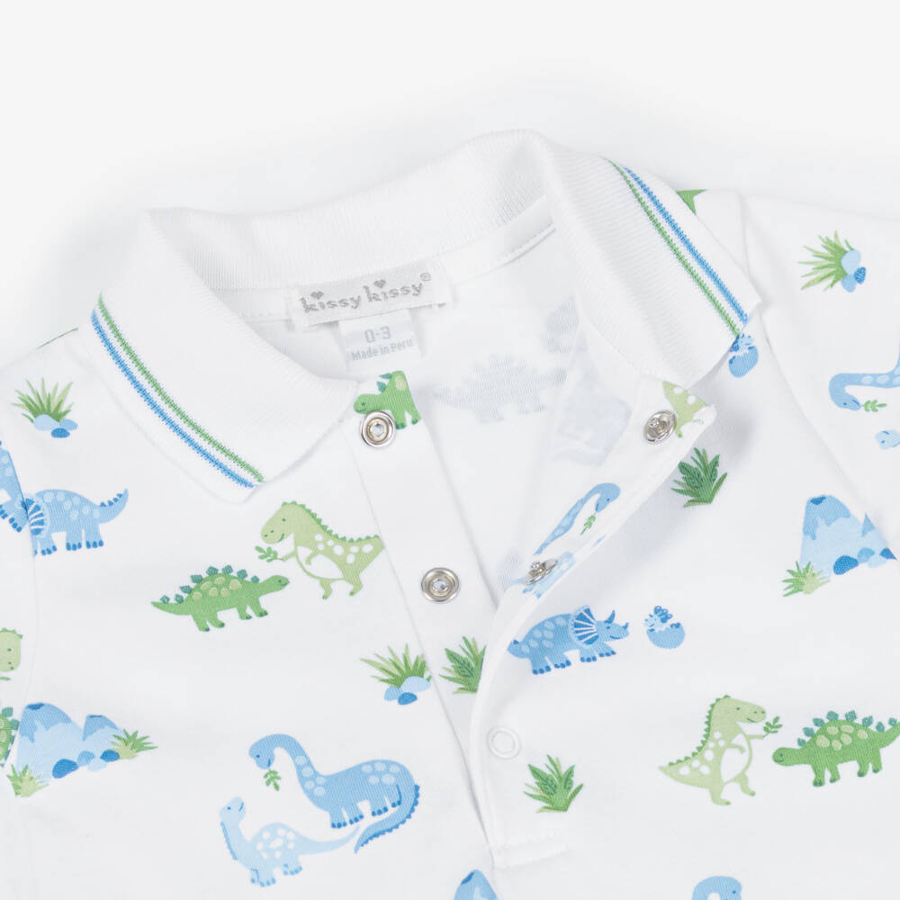 Kissy Kissy-Baby Boys White & Blue Pima Cotton Dinosaur Delight Shortie | Childrensalon
