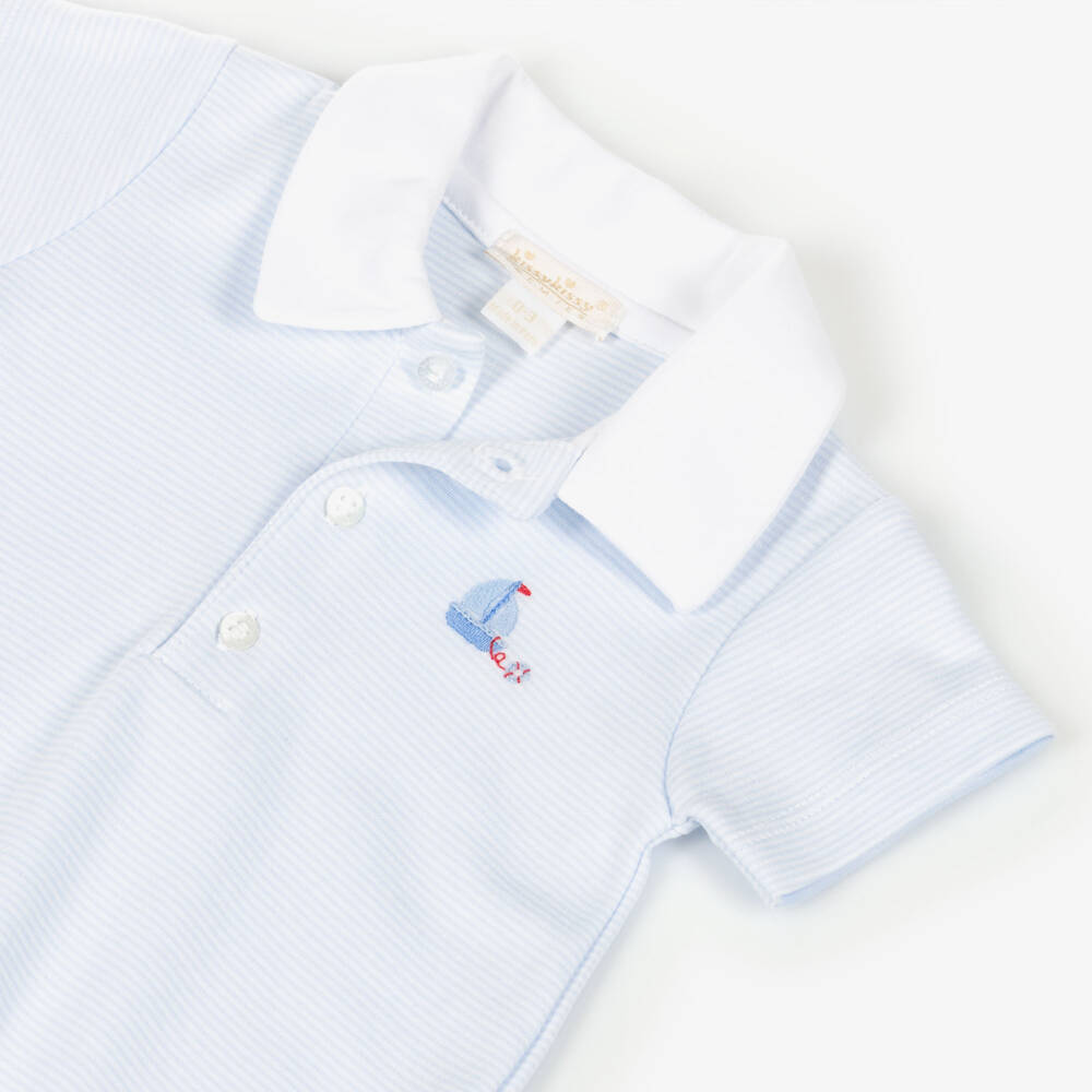 Kissy Kissy-Baby Boys White & Blue Pima Cotton Shortie with Embroidered Boats | Childrensalon