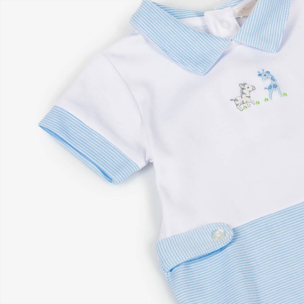 Kissy Kissy-Baby Boys White & Blue Pima Cotton Shortie with Safari Party Embroidery | Childrensalon