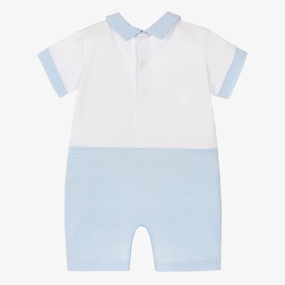 Kissy Kissy-Baby Boys White & Blue Pima Cotton Shortie with Safari Party Embroidery | Childrensalon