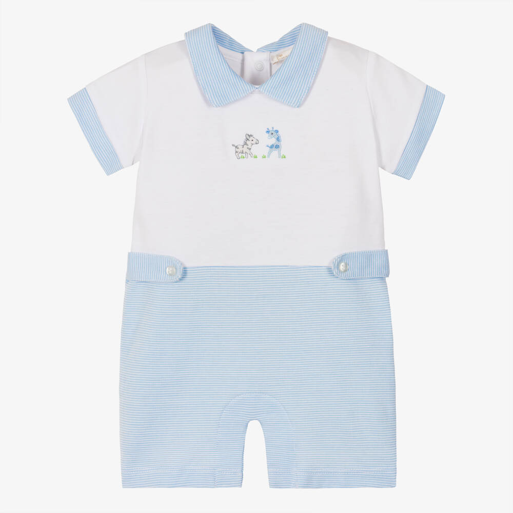 Kissy Kissy-Baby Boys White & Blue Pima Cotton Shortie with Safari Party Embroidery | Childrensalon