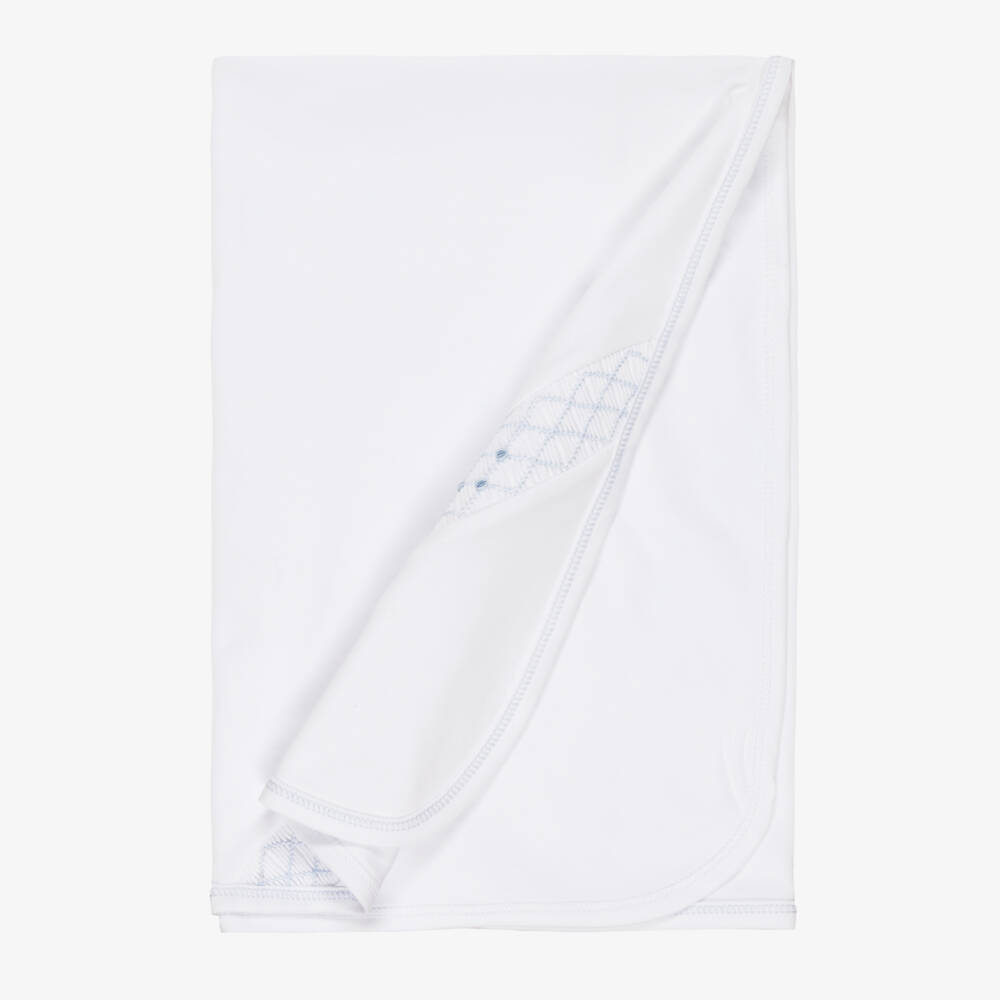 Kissy Kissy-Baby Boys White Hand-Smocked Pima Cotton Blanket (76cm) | Childrensalon
