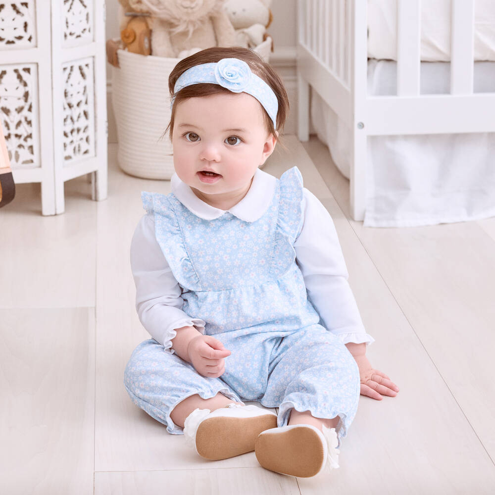 Kissy Kissy-Baby Girls Blue Fall In Bloom Pima Cotton Dungaree Set | Childrensalon