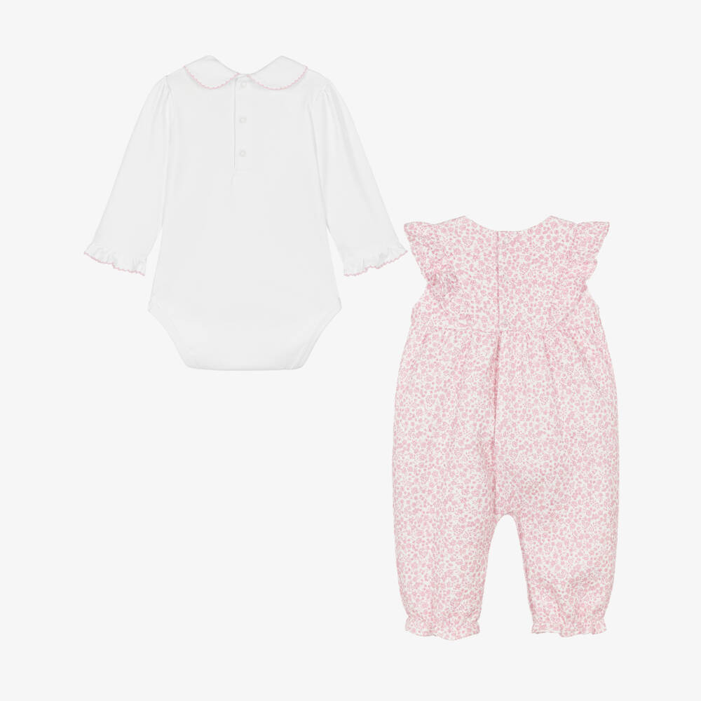 Kissy Kissy-Baby Girls Pink Fall Blooms Pima Cotton Dungaree Set | Childrensalon