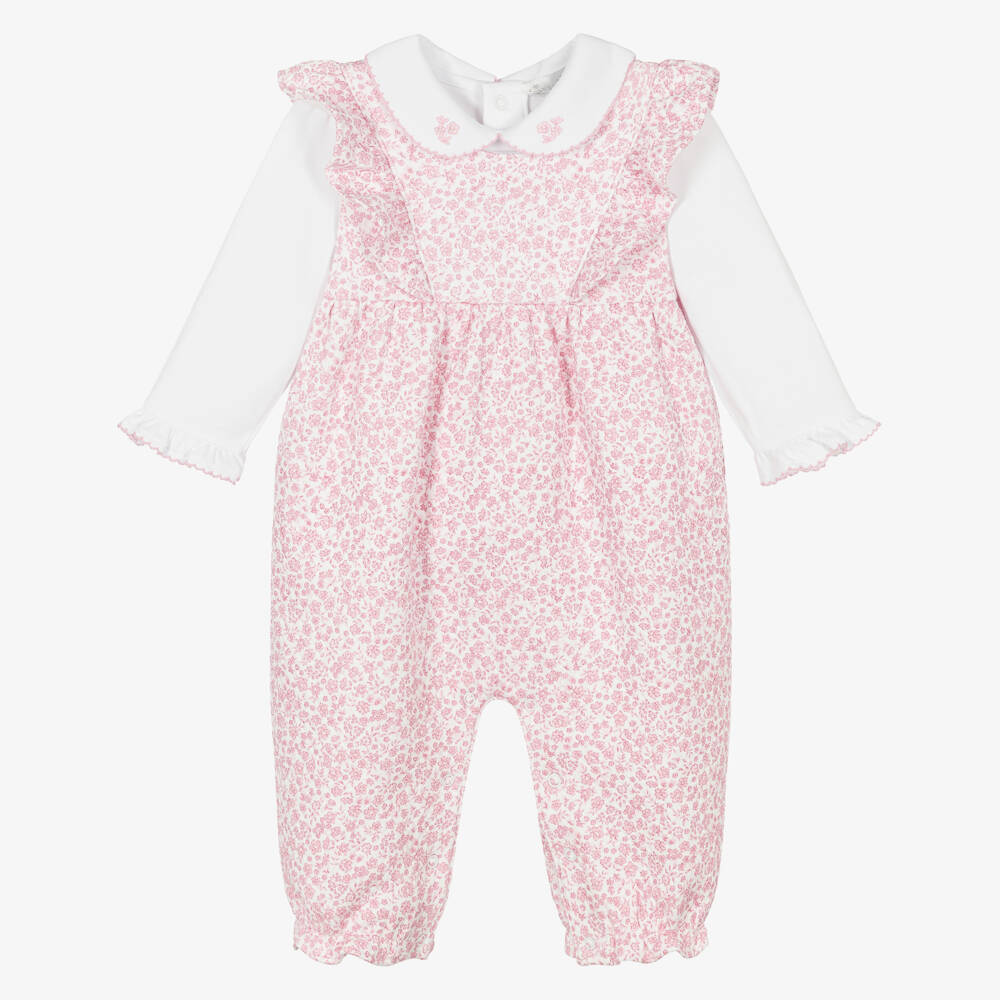 Kissy Kissy-Baby Girls Pink Fall Blooms Pima Cotton Dungaree Set | Childrensalon