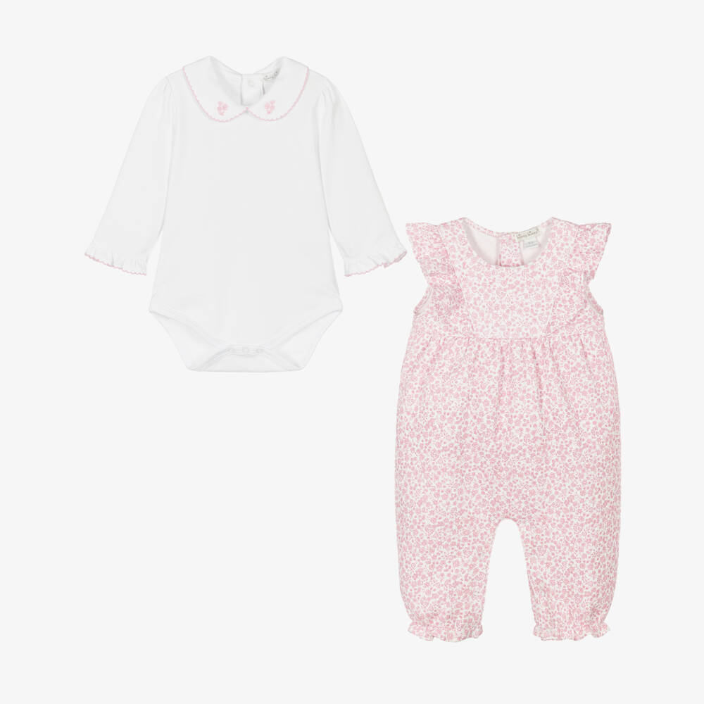 Kissy Kissy-Baby Girls Pink Fall Blooms Pima Cotton Dungaree Set | Childrensalon