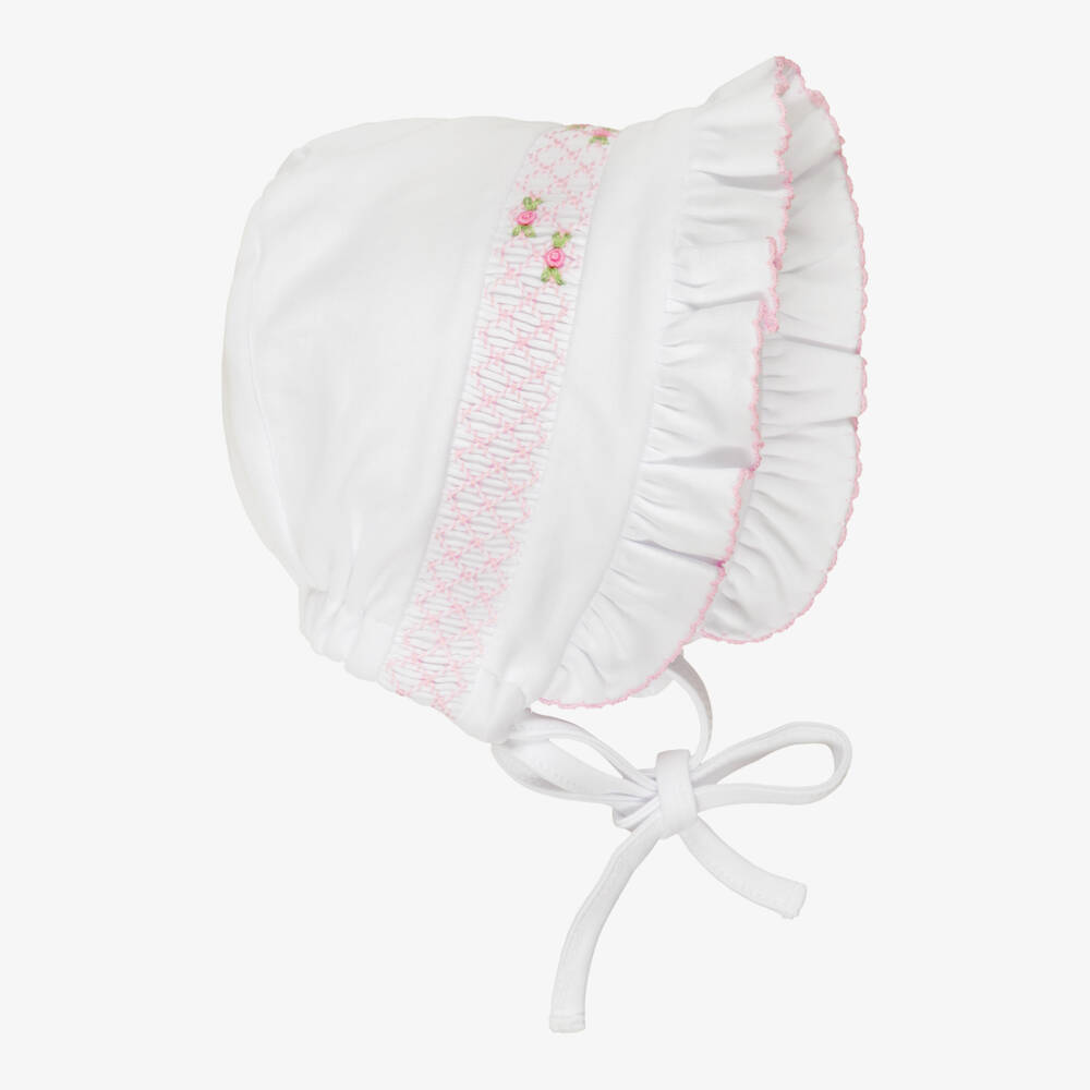 Kissy Kissy-Baby Girls White & Pink Fall Blooms Pima Cotton Bonnet | Childrensalon