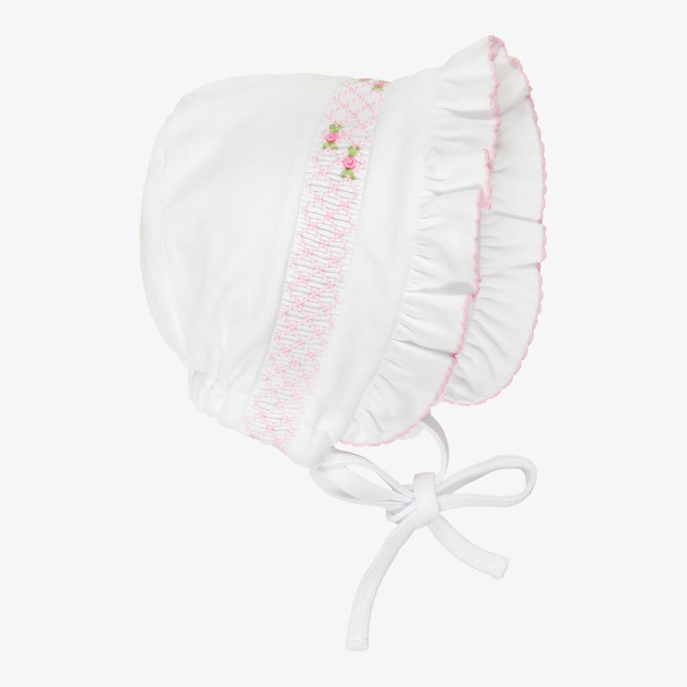 Kissy Kissy-Baby Girls White & Pink Fall Blooms Pima Cotton Bonnet | Childrensalon