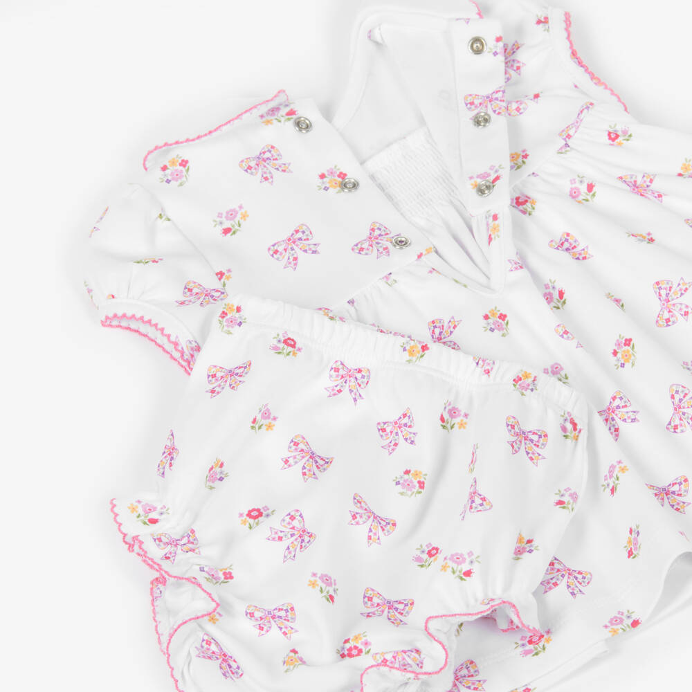Kissy Kissy-Baby Girls White & Pink Smocked Cotton Blossoming Bows Dress | Childrensalon