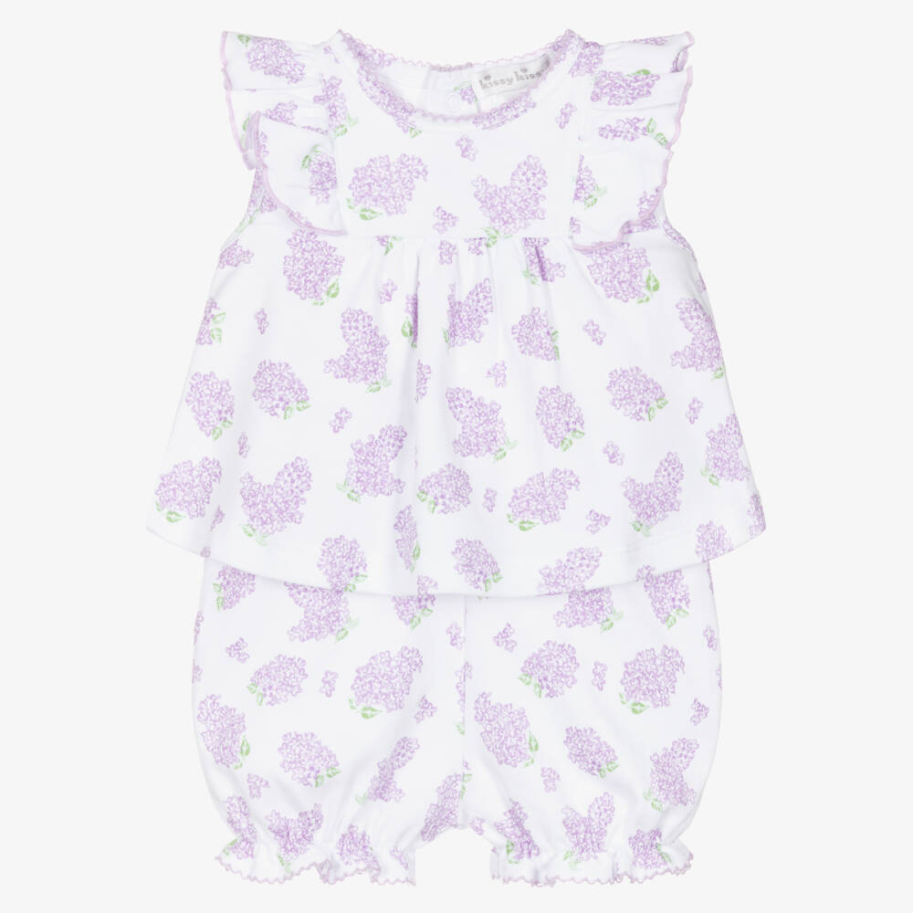 Kissy Kissy-Baby Girls White & Purple Pima Cotton Lilac Love Shorts Set | Childrensalon