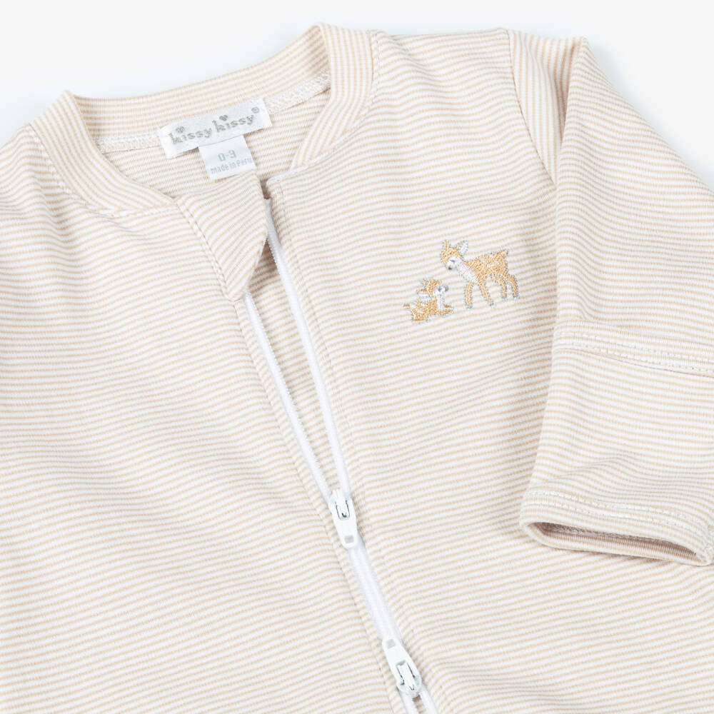 Kissy Kissy-Beige Striped Pima Cotton Babygrow | Childrensalon