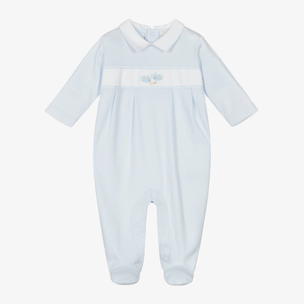 Kissy Kissy-Blue Pima Cotton Baby Bunny Patch Babygrow | Childrensalon