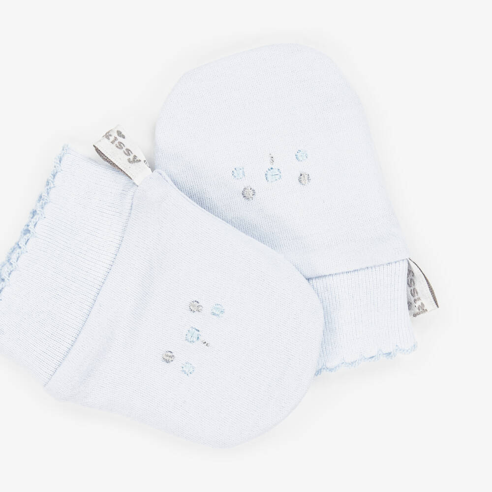 Kissy Kissy-Blue Pima Cotton Teddy Bear Time Scratch Mitts | Childrensalon