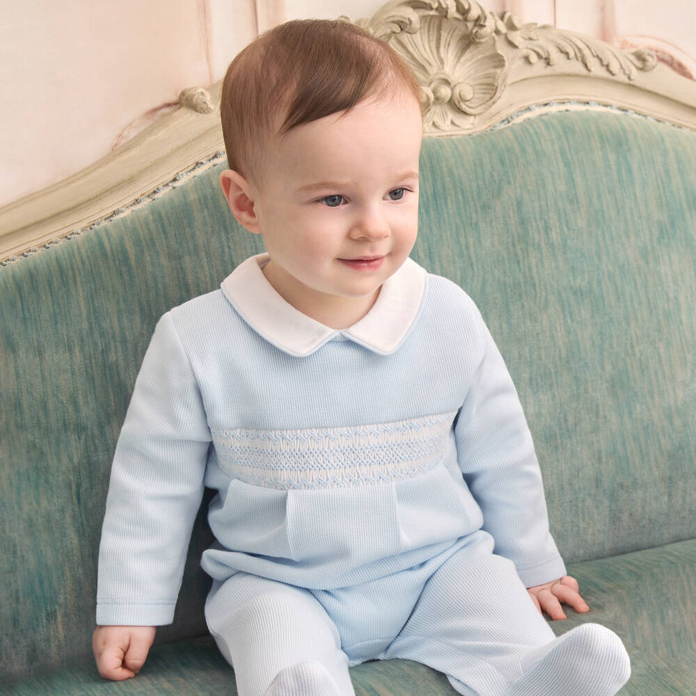 Kissy Kissy-Boys Blue Smocked Babysuit & Hat Set | Childrensalon