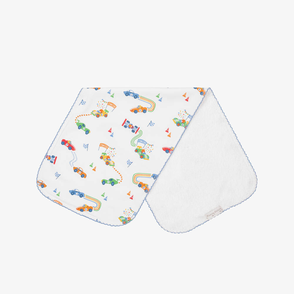 Kissy Kissy-Boys Blue & White Pima Cotton Grand Prix Burp Cloth (49cm) | Childrensalon