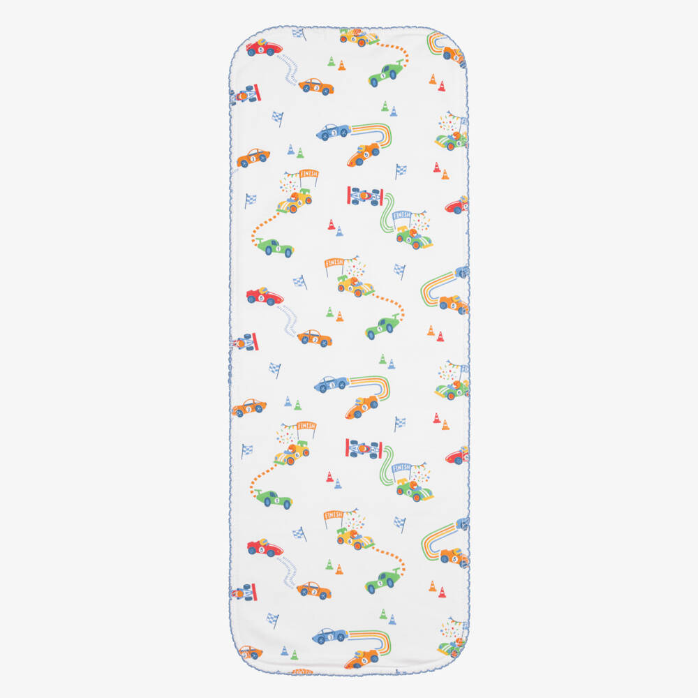 Kissy Kissy-Boys Blue & White Pima Cotton Grand Prix Burp Cloth (49cm) | Childrensalon