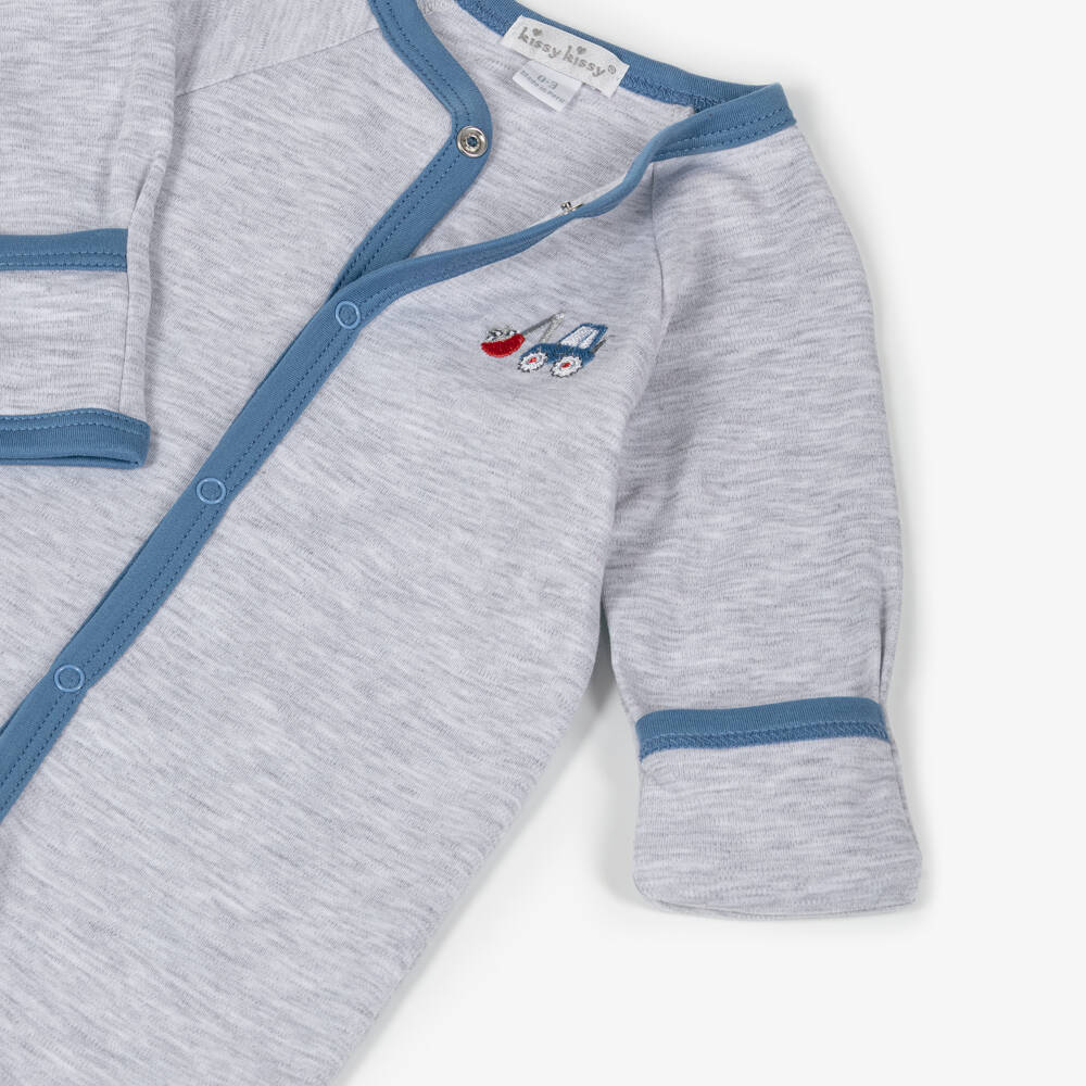 Kissy Kissy-Boys Grey Pima Cotton Construction Diggers Babygrow | Childrensalon