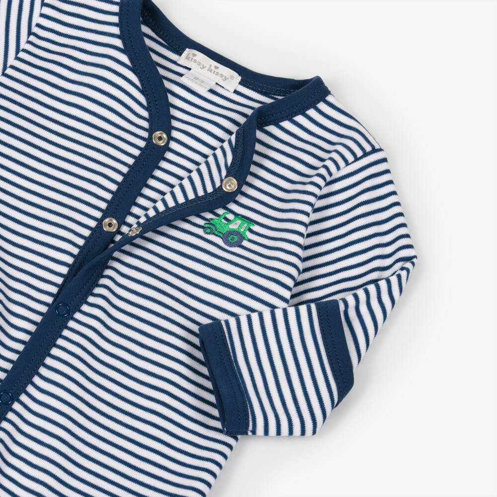 Kissy Kissy-Boys Navy Blue & White Stripe Trusty Tractor Babygrow | Childrensalon