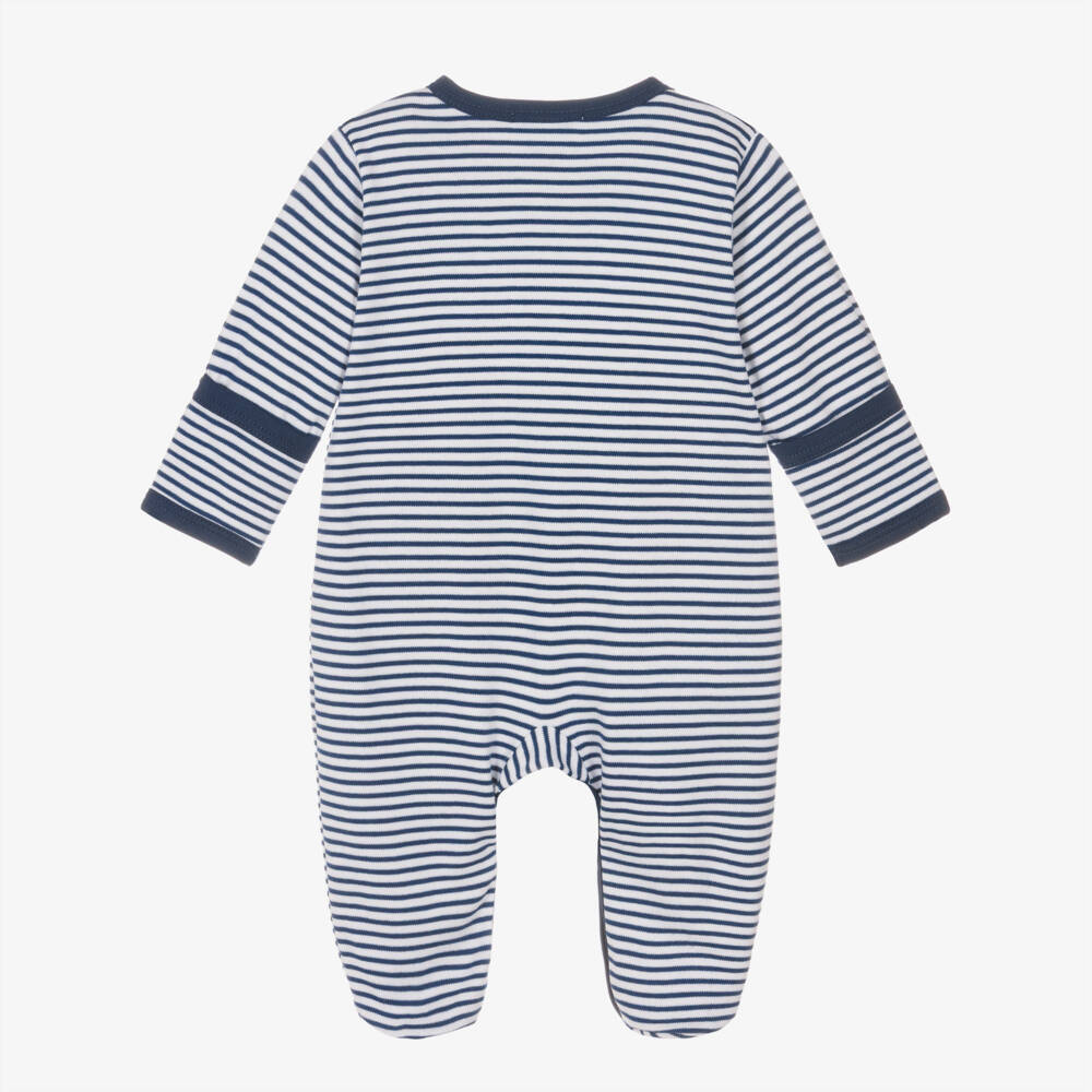 Kissy Kissy-Boys Navy Blue & White Stripe Trusty Tractor Babygrow | Childrensalon