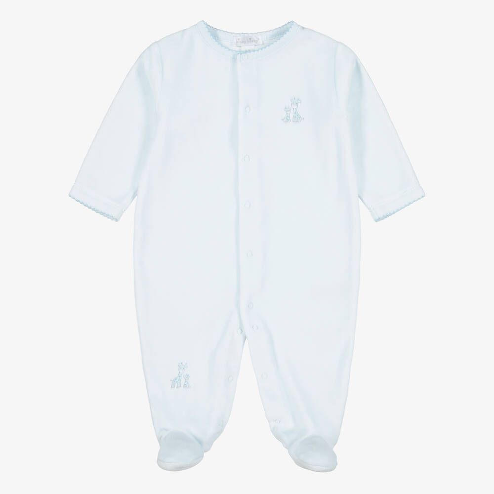 Kissy Kissy-Boys Pale Blue Velour Just Giraffes Babygrow | Childrensalon