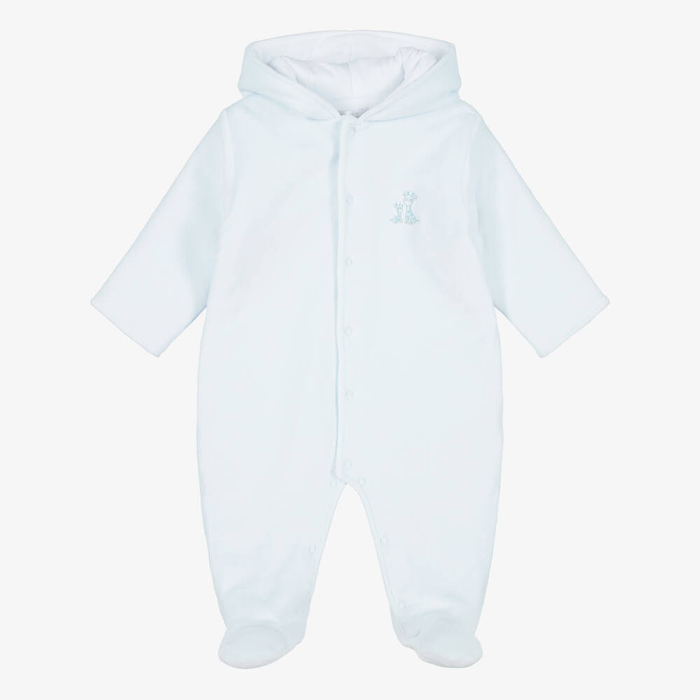 Kissy Kissy-Boys Pale Blue Velour Just Giraffes Pramsuit | Childrensalon