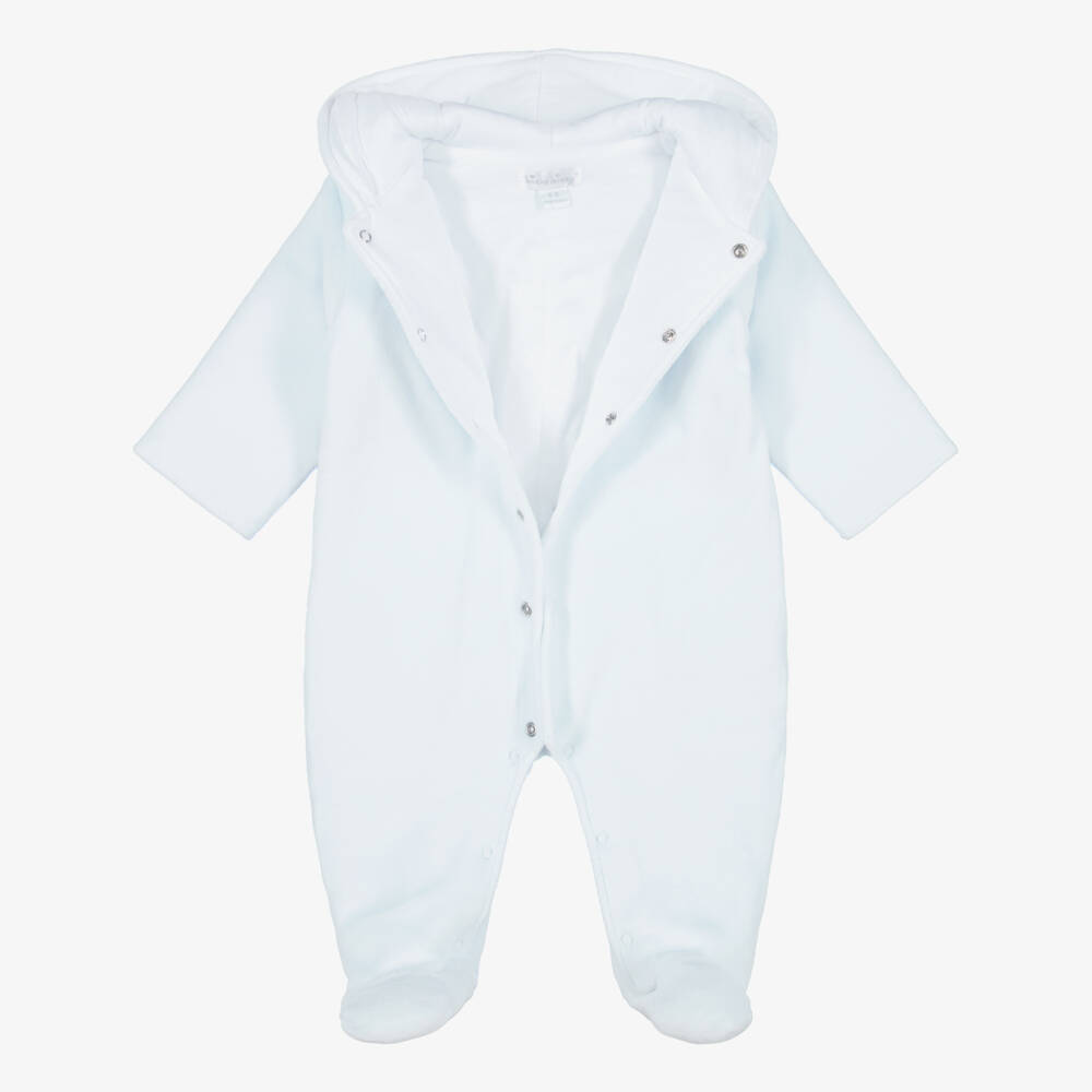 Kissy Kissy-Boys Pale Blue Velour Just Giraffes Pramsuit | Childrensalon