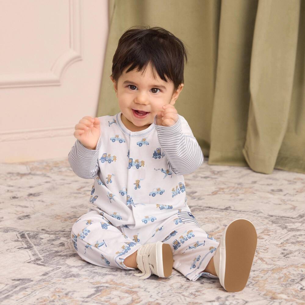 Kissy Kissy-Boys White & Blue Bears On The Go Pima Cotton Romper | Childrensalon