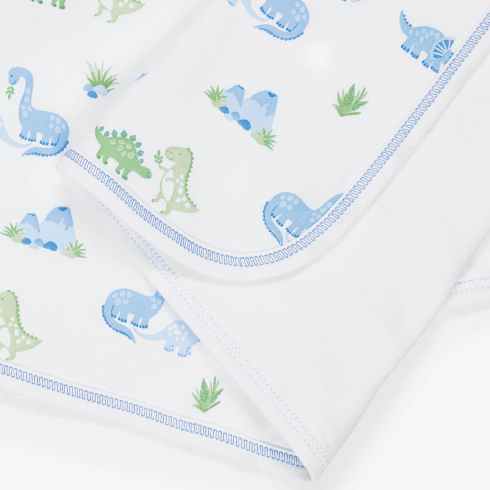Kissy Kissy-Boys White & Blue Cotton Dinosaur Delight Blanket (73cm) | Childrensalon