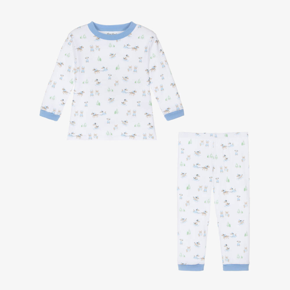 Kissy Kissy-Boys White & Blue Cotton Puppy's Sleigh Riding Fun Pyjamas  | Childrensalon