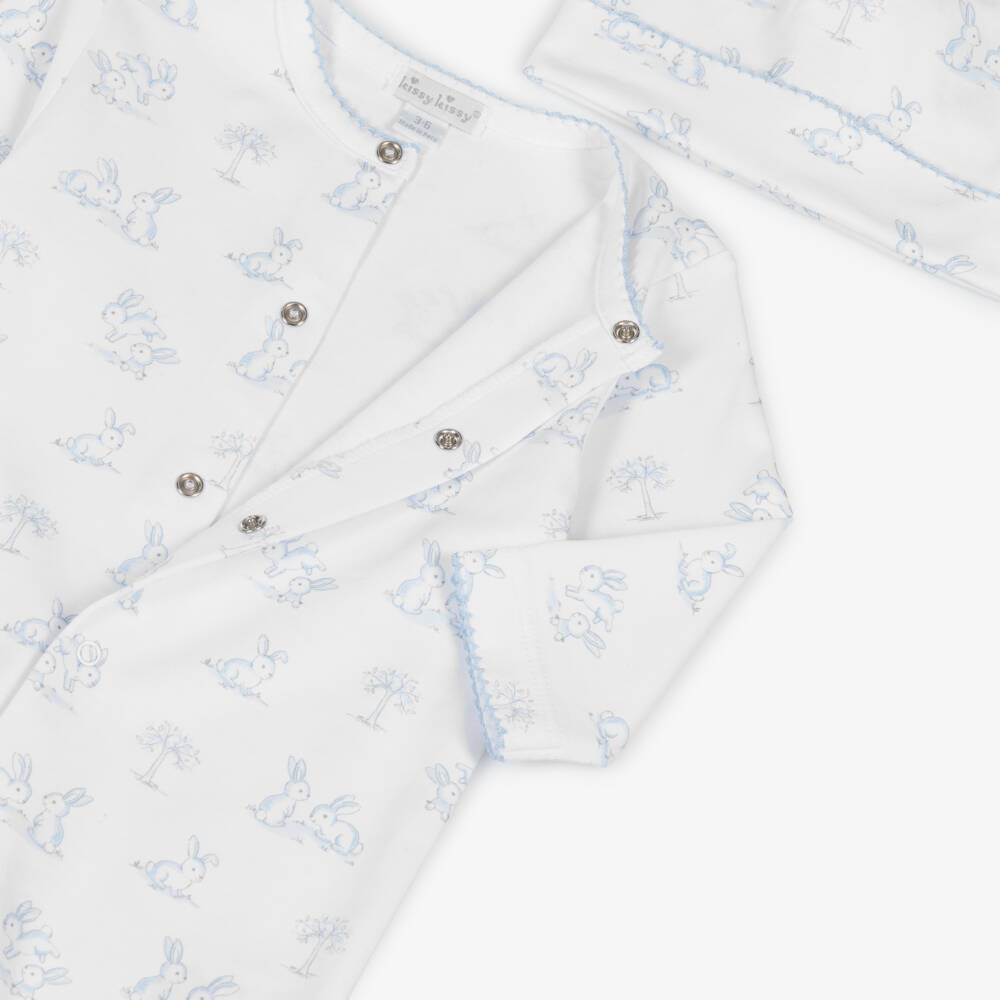 Kissy Kissy-Boys White & Blue Cotton Springtime Bunny Fun Babysuit Set | Childrensalon