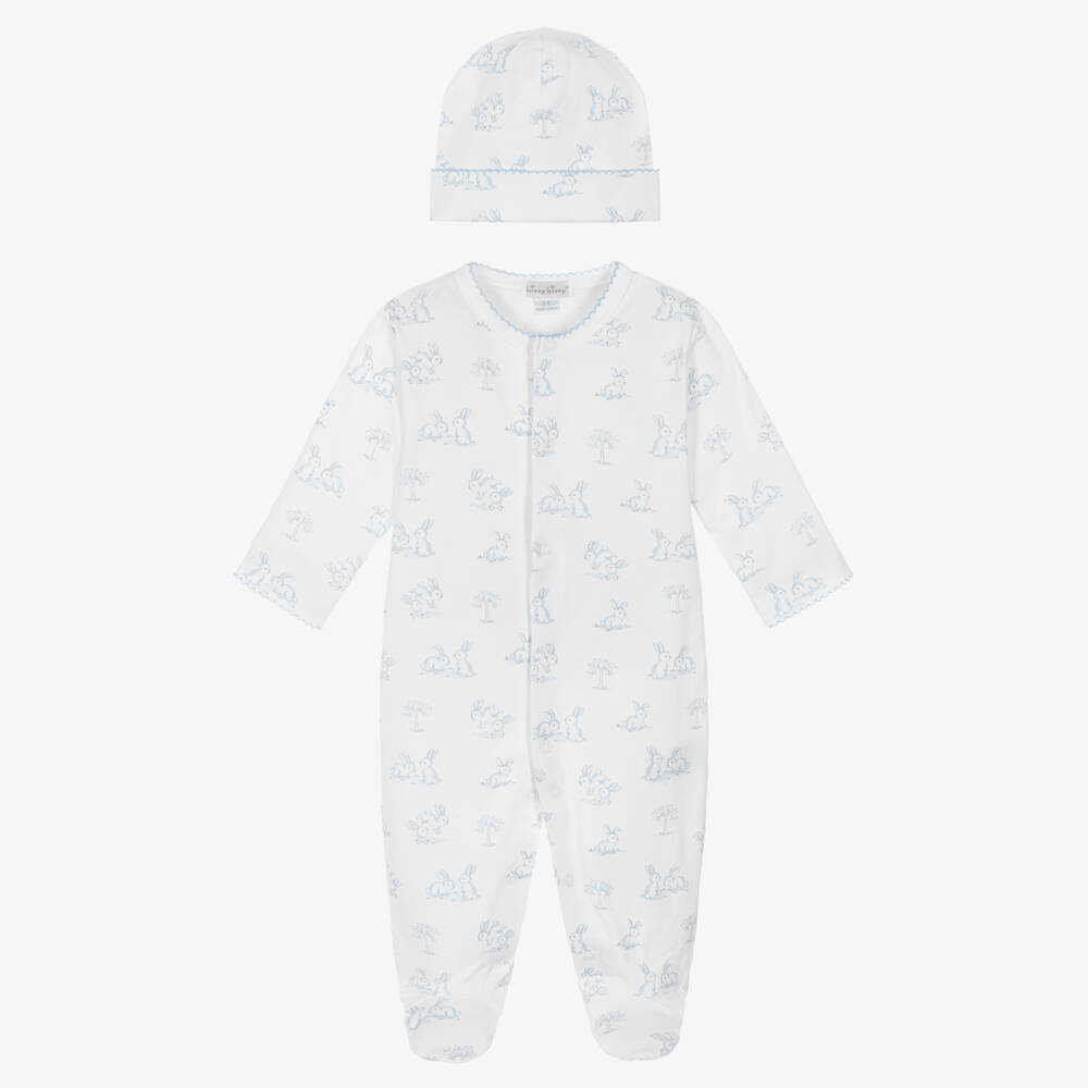Kissy Kissy-Boys White & Blue Cotton Springtime Bunny Fun Babysuit Set | Childrensalon