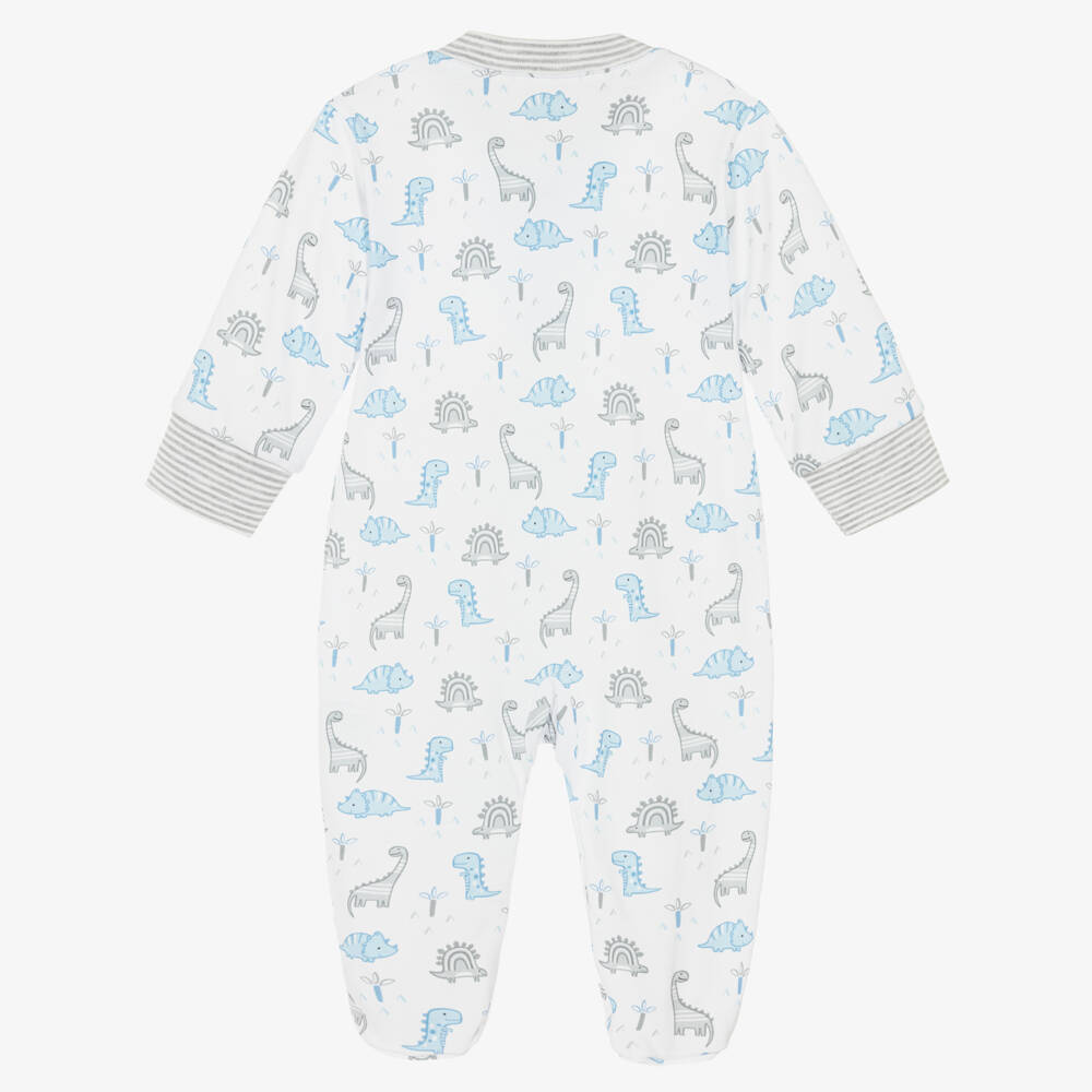 Kissy Kissy-Boys White & Blue Dinosaur Territory Pima Cotton Babygrow | Childrensalon