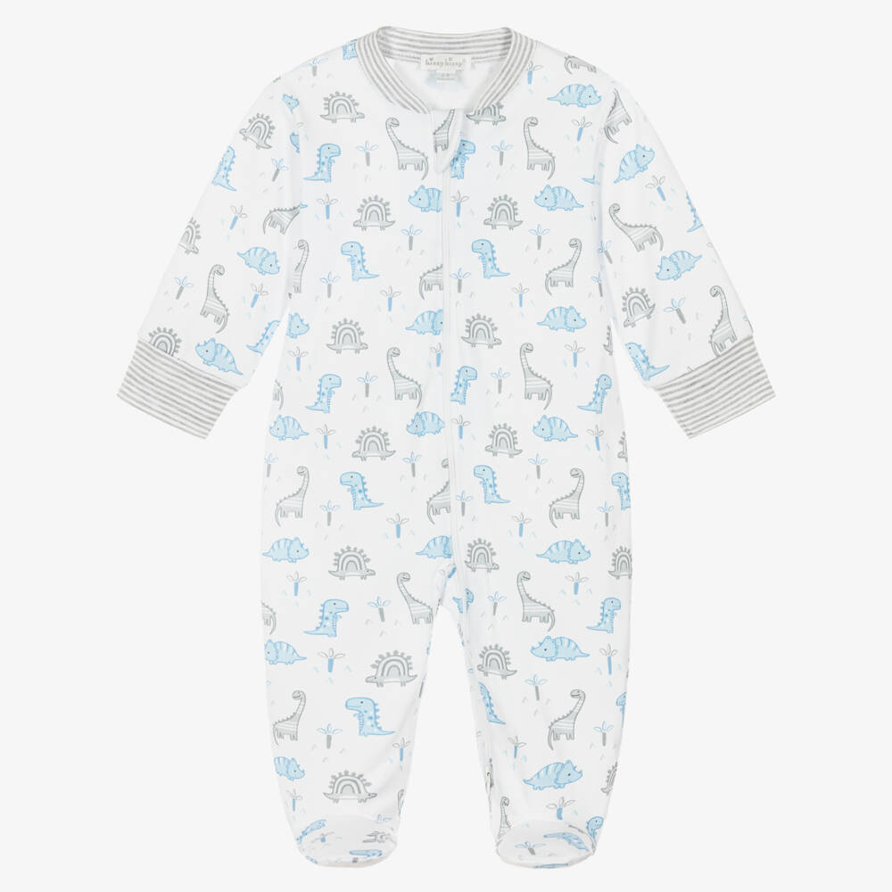 Kissy Kissy-Boys White & Blue Dinosaur Territory Pima Cotton Babygrow | Childrensalon