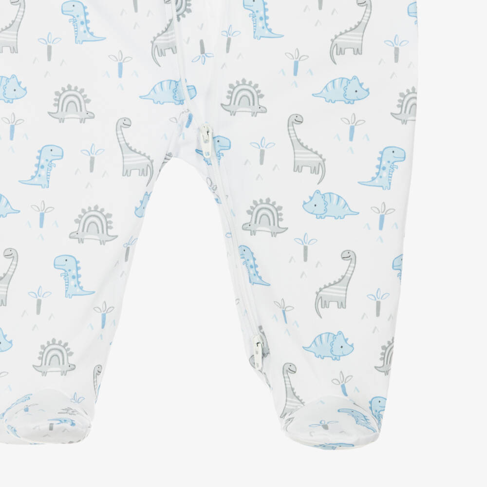 Kissy Kissy-Boys White & Blue Dinosaur Territory Pima Cotton Babygrow | Childrensalon