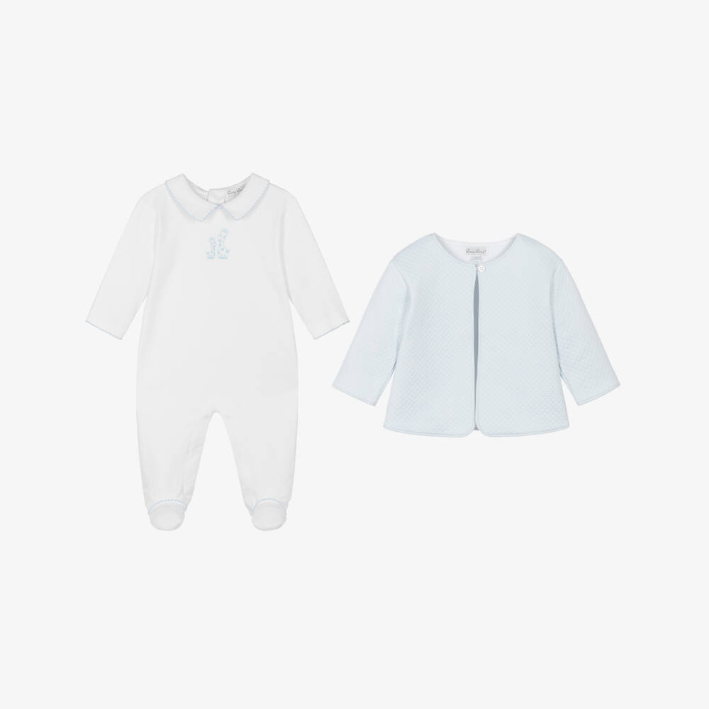 Kissy Kissy-Boys White & Blue Giraffe Laughs Babysuit Set | Childrensalon