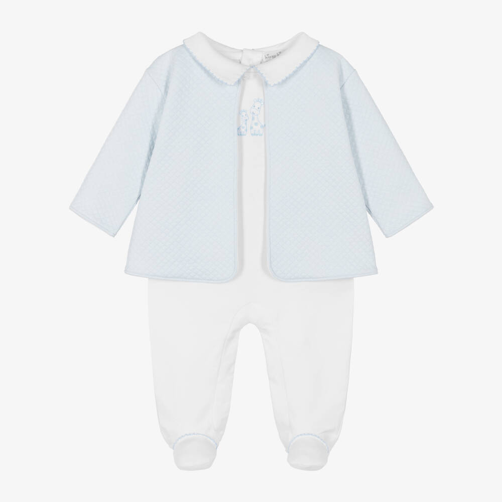 Kissy Kissy-Boys White & Blue Giraffe Laughs Babysuit Set | Childrensalon