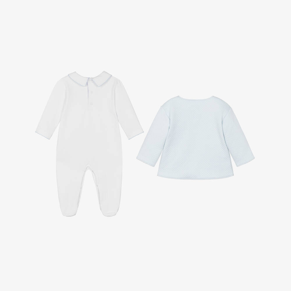 Kissy Kissy-Boys White & Blue Giraffe Laughs Babysuit Set | Childrensalon