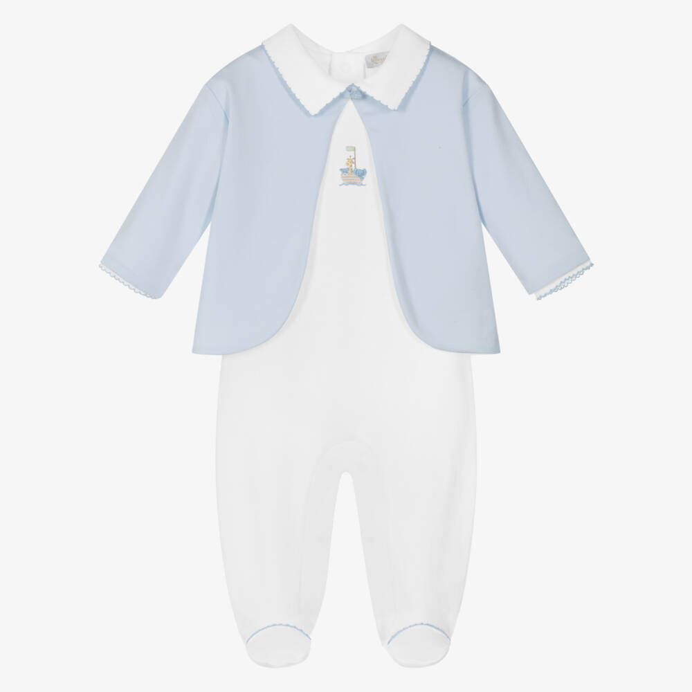 Kissy Kissy-Boys White & Blue Pima Cotton Noah's Ark Babysuit Set  | Childrensalon